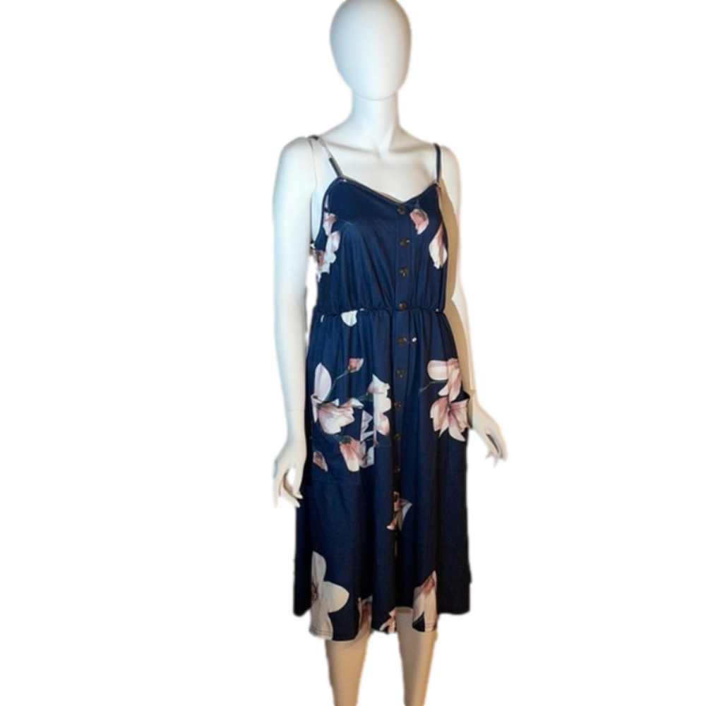 Halife Navy blue women’s floral halter dress with pockets XL NWT